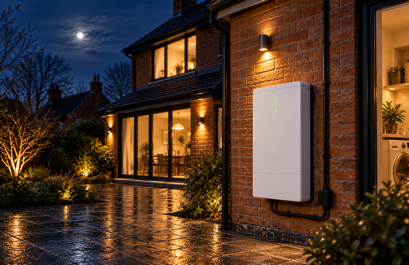 economy 7 tariff battery inside pic Home battery storage unit on the outside wall of a house at night