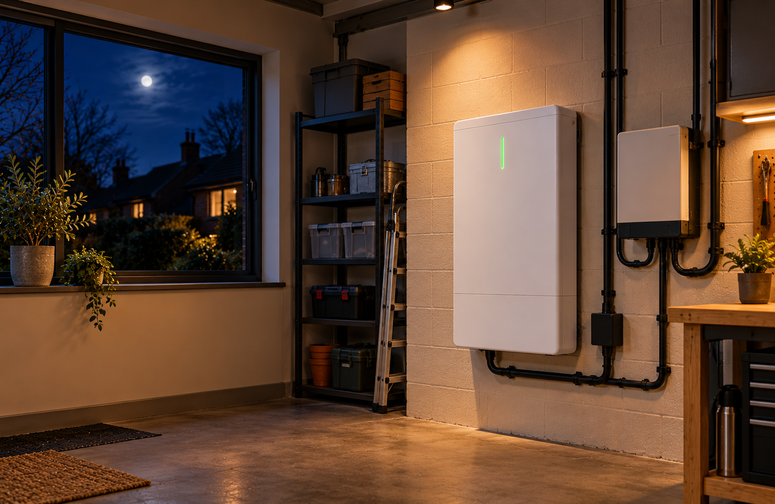 economy 7 tariff battery inside pic2 Home battery storage unit installed in a garage at night
